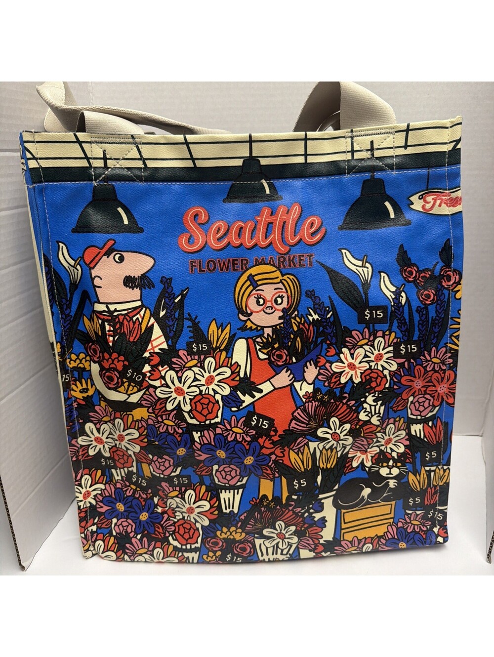 Large Chalo Tote Bag Seattle Flower Market Reinforced Inside Zipped Pockets Nice